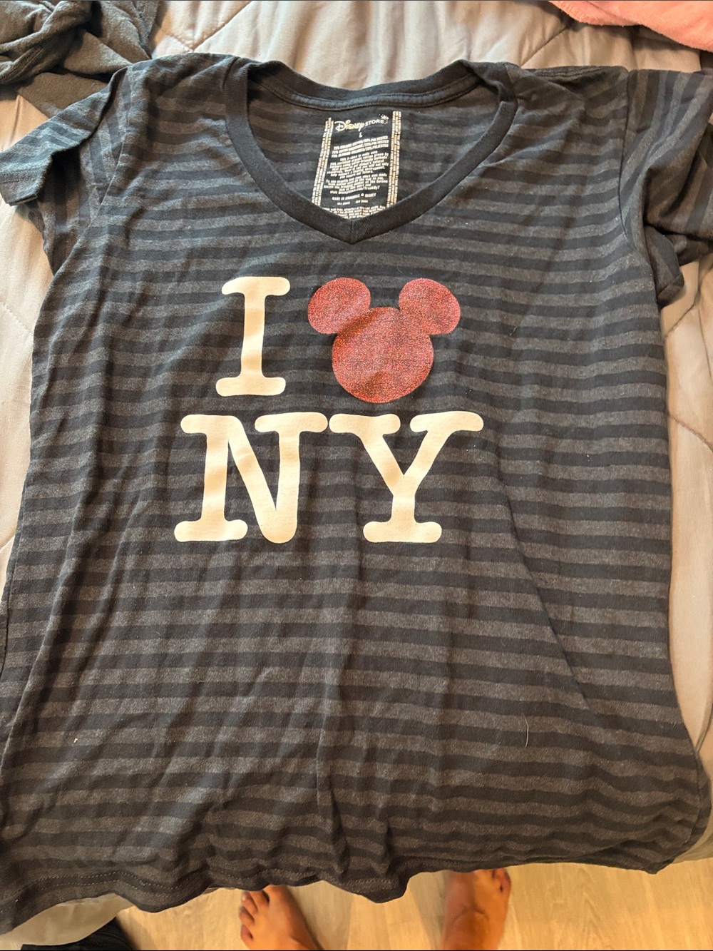 Disney Girls Short Sleeve 'I ♥ NY' Striped Tee - Black, Gray & Red